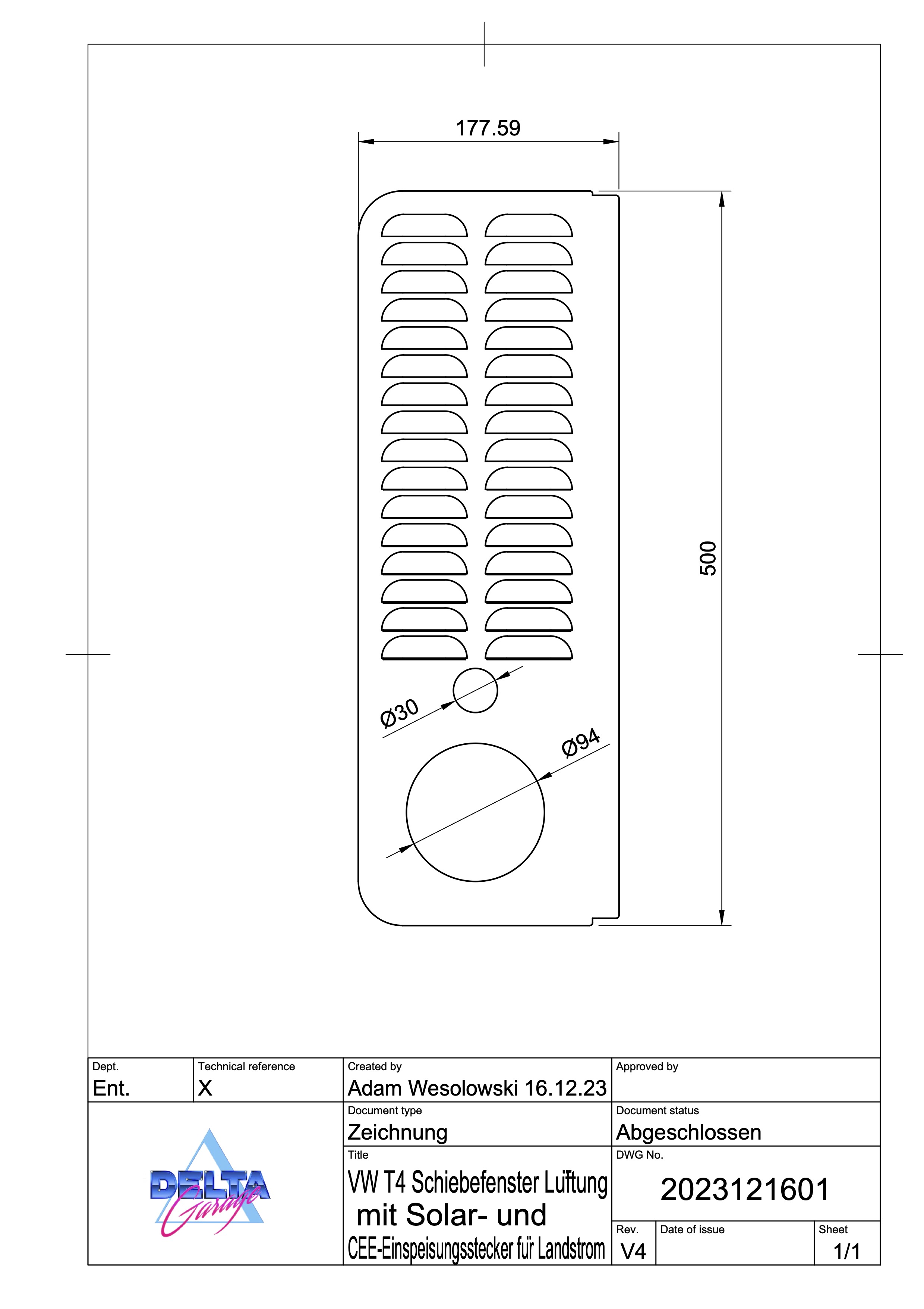 Zeichnung - VW T4 Schiebefenster Lüftung mit Solar- und CEE-Einspeisungsstecker für Landstrom Zeichnung - VW T4 Schiebefenster Lüftung mit Solar- und CEE-Einspeisungsstecker für Landstrom
